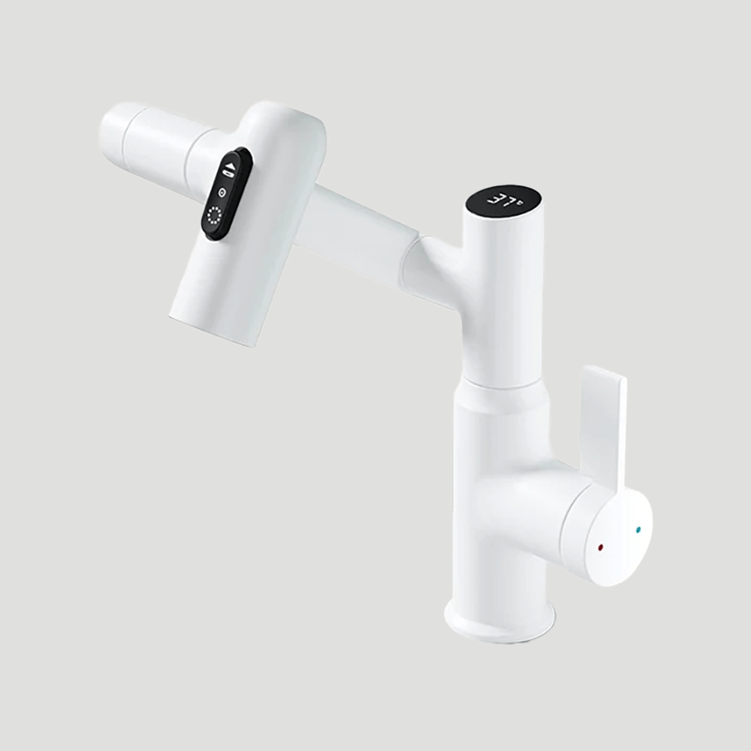 Rotating Sink Tap with Digital Temp Readout – 12-Inch Adjustable Spout, Full Swivel for Double Basins & Oversized Cookware | Thomler