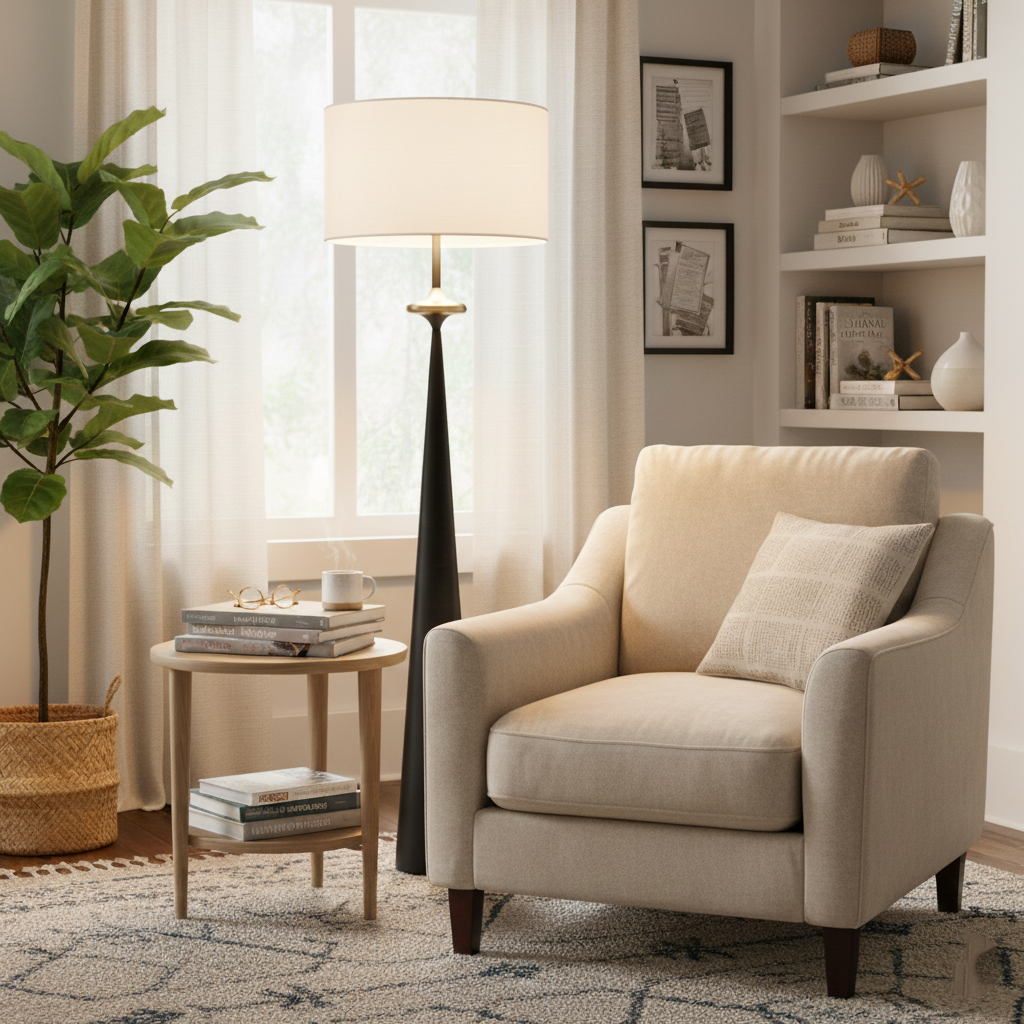 Standing Lamp Wooden Base 65 in Tall White Fabric Shade Mid-Century Uplight for Living Room Bedroom Reading Corner Dimmable E26 Socket Moder | Thomler