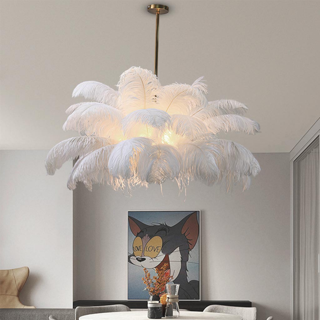 Feathered Ceiling Light White 31 in Adjustable LED Hanging Fixture for Bedroom Living Room Dining Room Statement Decor | Thomler