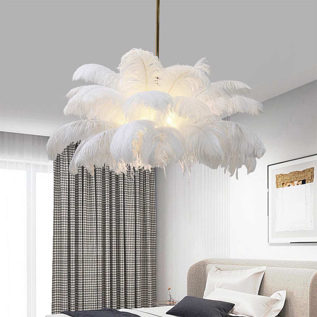 Feathered Ceiling Light White 31 in Adjustable LED Hanging Fixture for Bedroom Living Room Dining Room Statement Decor | Thomler