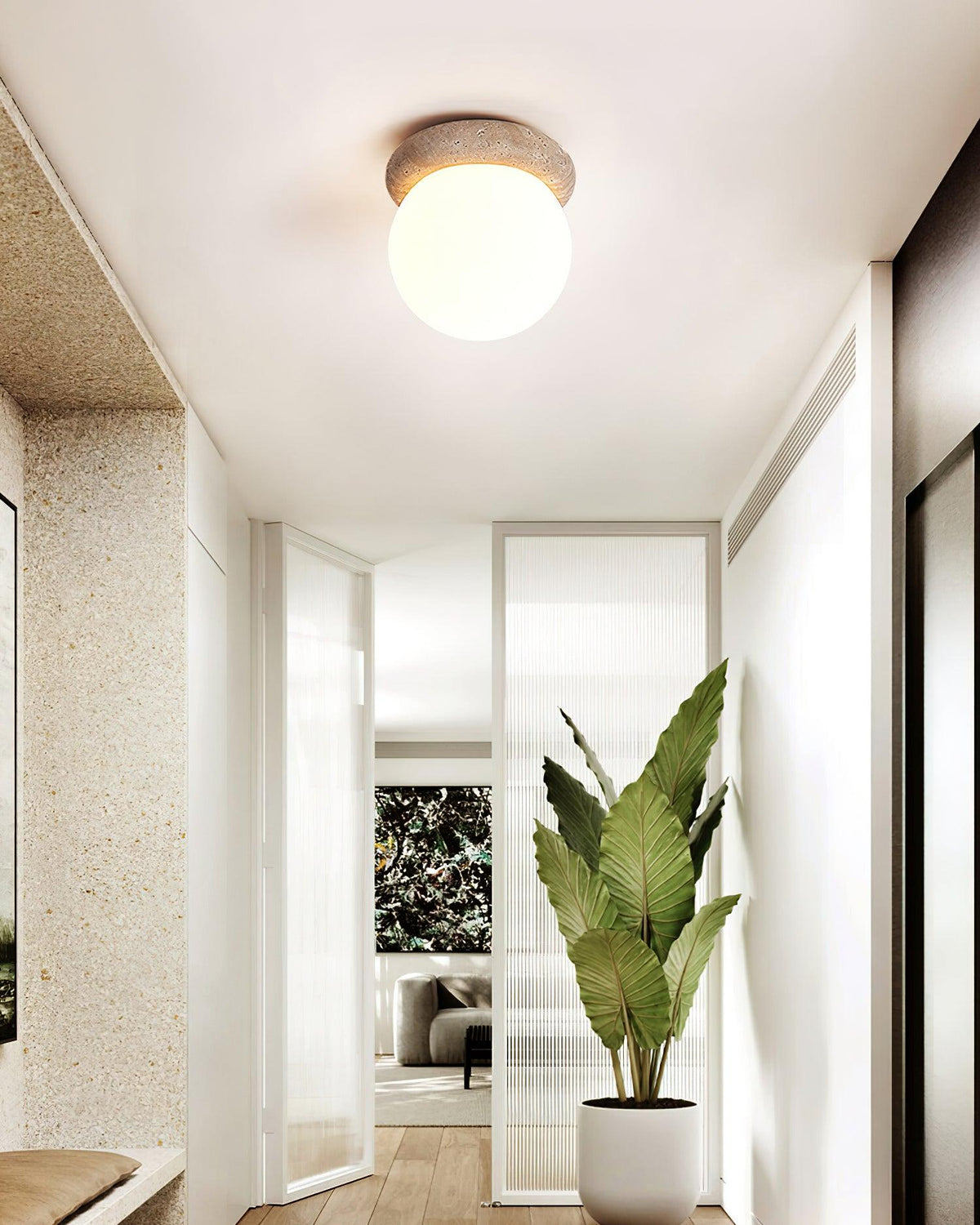 Plafondlamp, 16 cm, natuursteen glas, voor slaapkamer, hal en entree, plat model, zacht diffuus licht