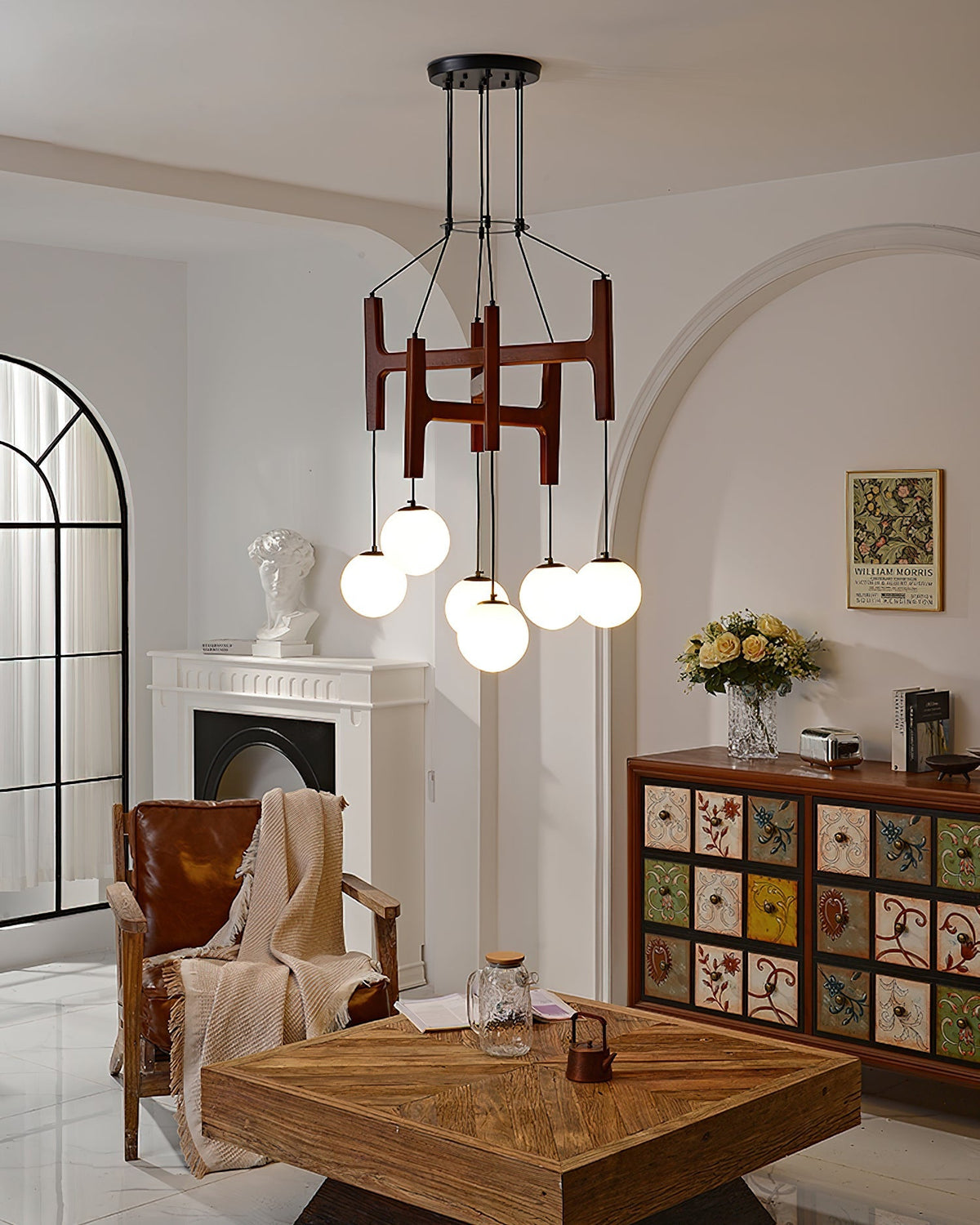 Houten hanglamp met meerdere armen, witte glazen bollen, in hoogte verstelbare kabel, 2-6 lampen, plafondverlichting voor eetkamer, modern boerderijdesign | Thomler