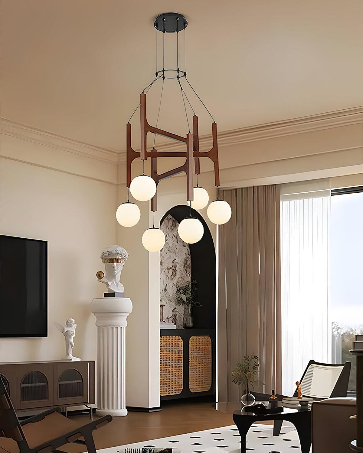 Houten hanglamp met meerdere armen, witte glazen bollen, in hoogte verstelbare kabel, 2-6 lampen, plafondverlichting voor eetkamer, modern boerderijdesign | Thomler