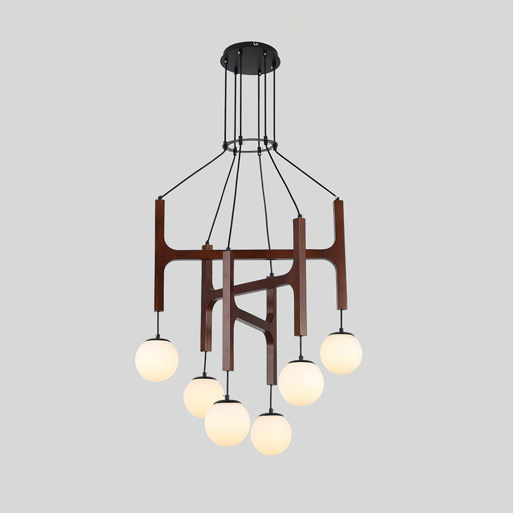 Houten hanglamp met meerdere armen, witte glazen bollen, in hoogte verstelbare kabel, 2-6 lampen, plafondverlichting voor eetkamer, modern boerderijdesign | Thomler