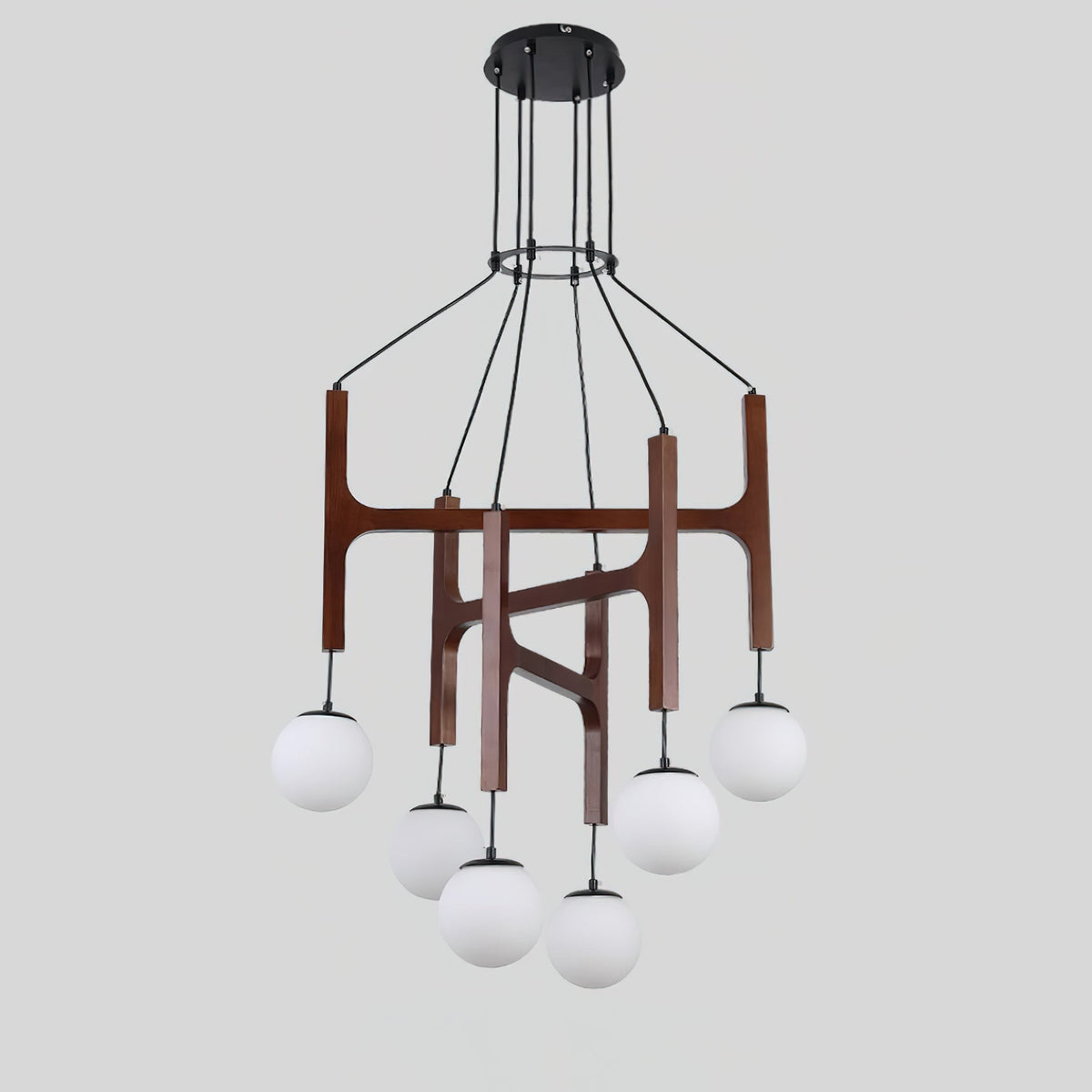 Houten hanglamp met meerdere armen, witte glazen bollen, in hoogte verstelbare kabel, 2-6 lampen, plafondverlichting voor eetkamer, modern boerderijdesign | Thomler