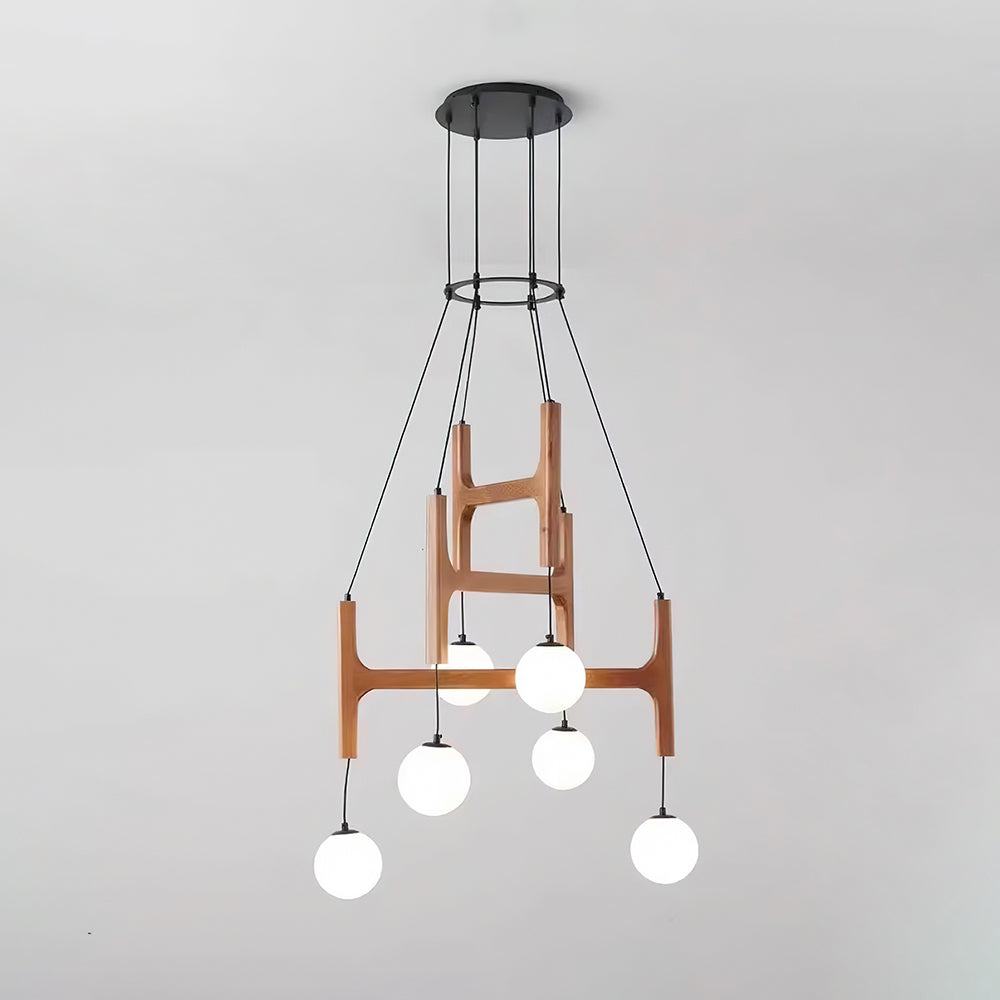 Houten hanglamp met meerdere armen, witte glazen bollen, in hoogte verstelbare kabel, 2-6 lampen, plafondverlichting voor eetkamer, modern boerderijdesign | Thomler