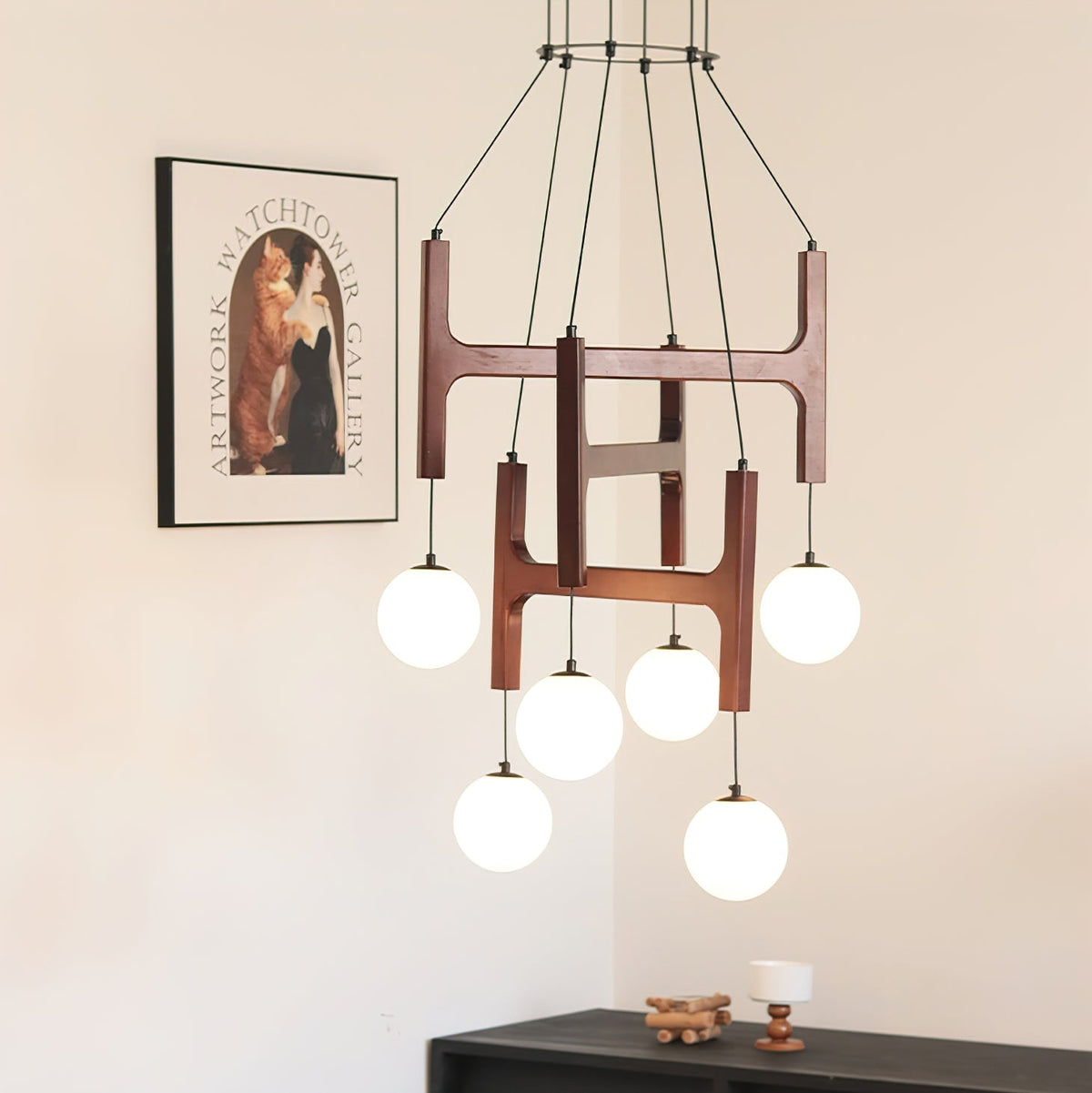 Houten hanglamp met meerdere armen, witte glazen bollen, in hoogte verstelbare kabel, 2-6 lampen, plafondverlichting voor eetkamer, modern boerderijdesign | Thomler