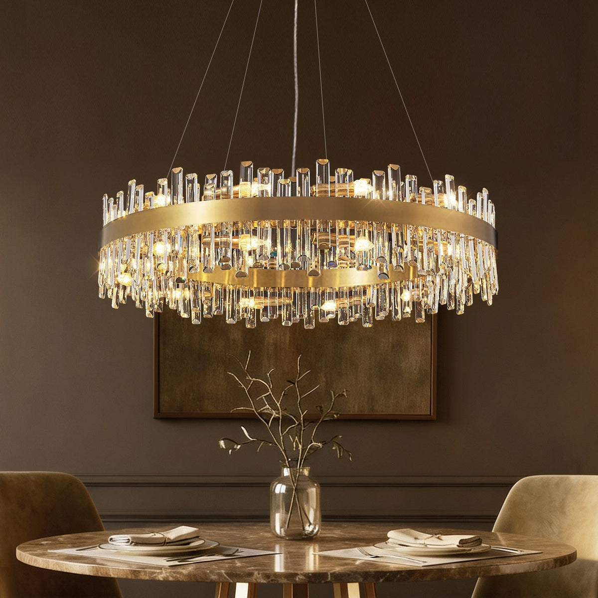 Gelaagde kristallen kroonluchter met goudkleurig frame – Plafondlamp voor eetkamer & kookeiland – 50 tot 100 cm diameter – K9-prisma met meerdere lagen