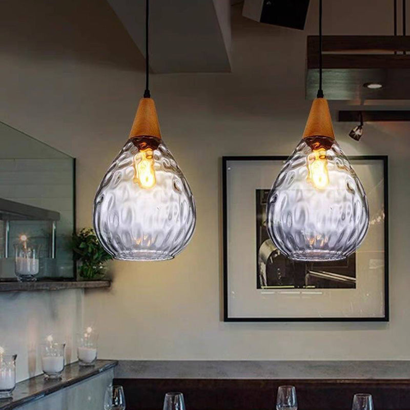 Glass & Wood Drop Ceiling Fixture with Adjustable Cord for Kitchen Island, Dining Room & Living Area | Hardwired E26 Socket | Indoor Overhea | Thomler