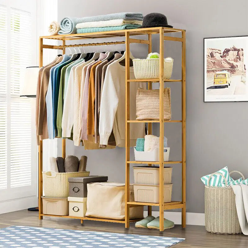 Freestanding Bamboo Garment Rack with Shelves 35 in Wide Natural Wood Finish Bedroom Closet Storage Organizer for Clothes Shoes Accessories | Thomler