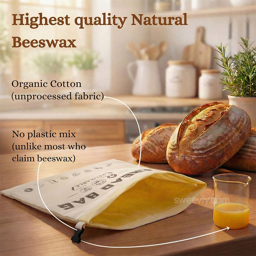 Organic Cotton Bread Bag with Pure Beeswax Lining | Reusable Bread Storage Pouch for Homemade Sourdough and Artisan Loaves | Kitchen Fresh-K | Thomler