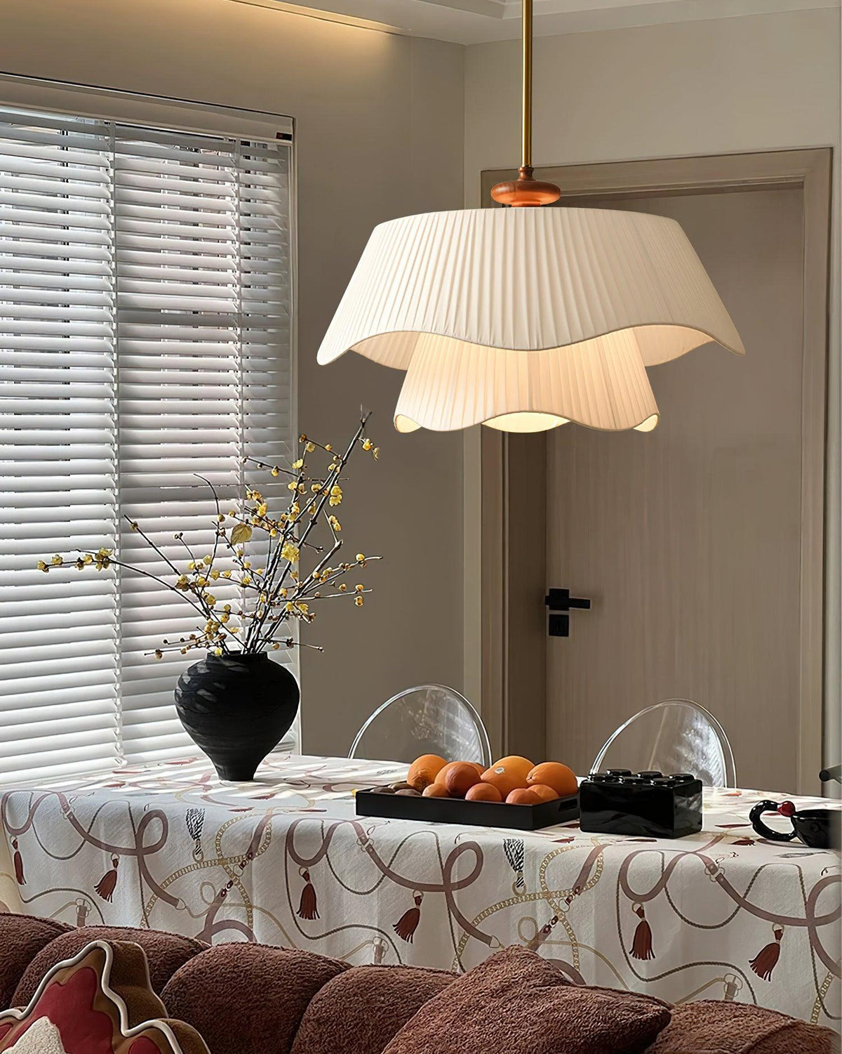 Layered Fabric Drum Pendant Light 10 in Dining Room Farmhouse Style Ceiling Fixture Bedroom Kitchen Island Wood Accent Hanging Lamp E26 Sock | Thomler