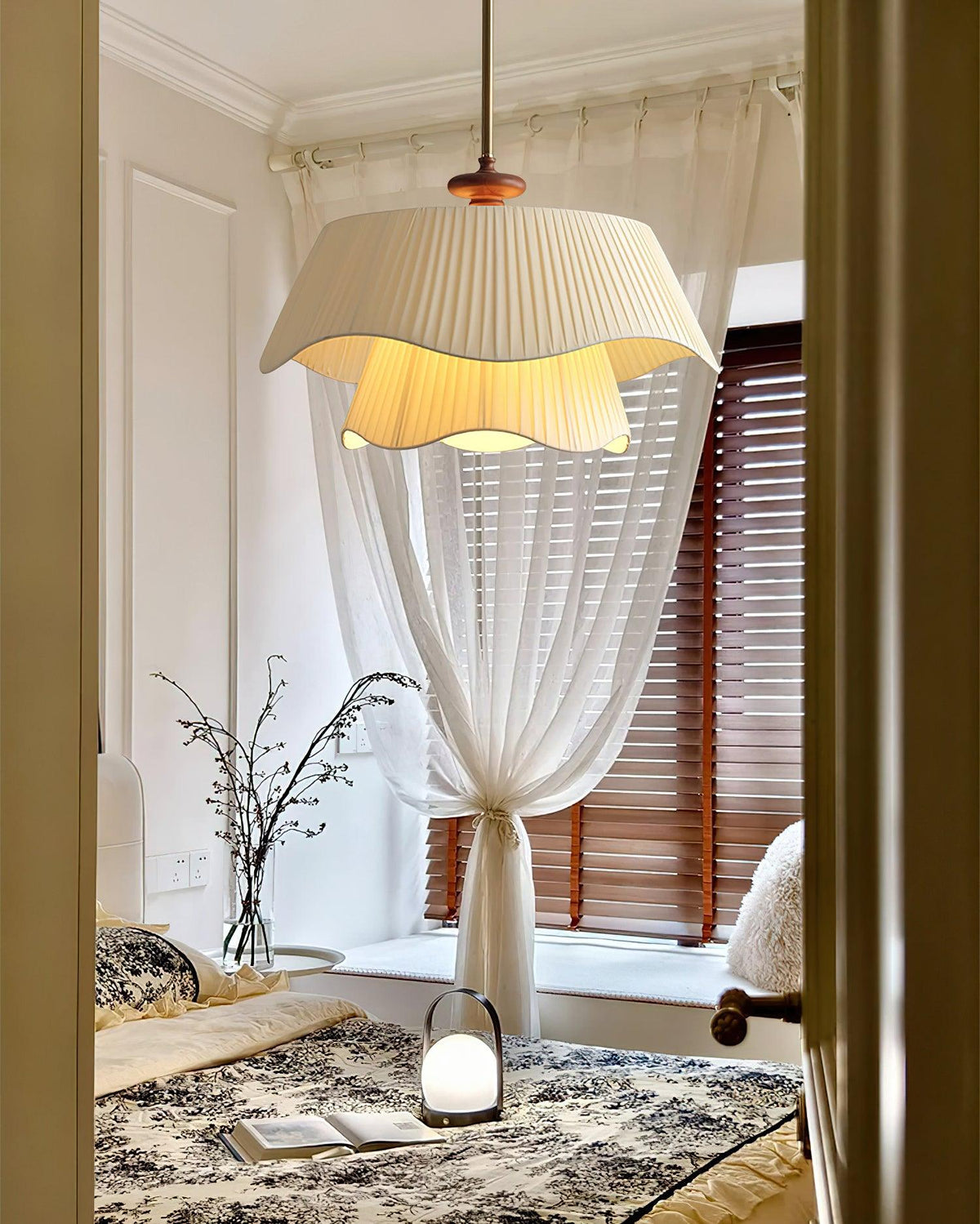 Layered Fabric Drum Pendant Light 10 in Dining Room Farmhouse Style Ceiling Fixture Bedroom Kitchen Island Wood Accent Hanging Lamp E26 Sock | Thomler
