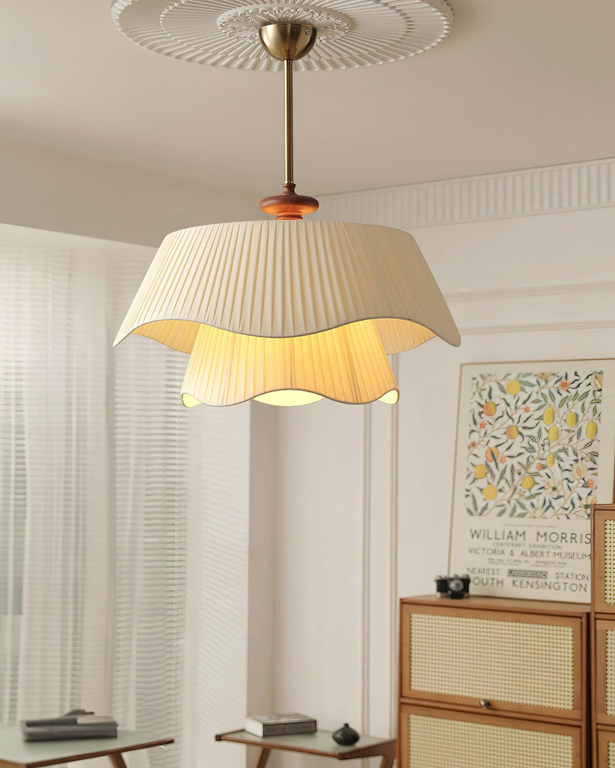 Layered Fabric Drum Pendant Light 10 in Dining Room Farmhouse Style Ceiling Fixture Bedroom Kitchen Island Wood Accent Hanging Lamp E26 Sock | Thomler