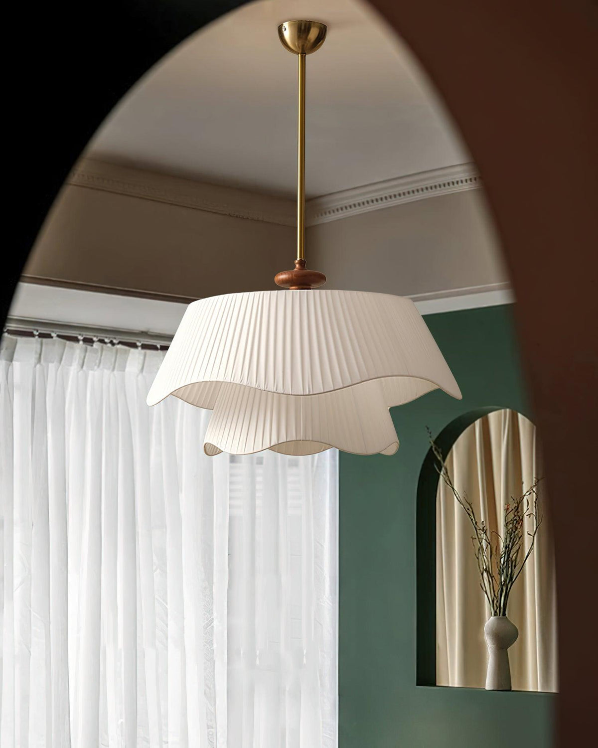 Layered Fabric Drum Pendant Light 10 in Dining Room Farmhouse Style Ceiling Fixture Bedroom Kitchen Island Wood Accent Hanging Lamp E26 Sock | Thomler