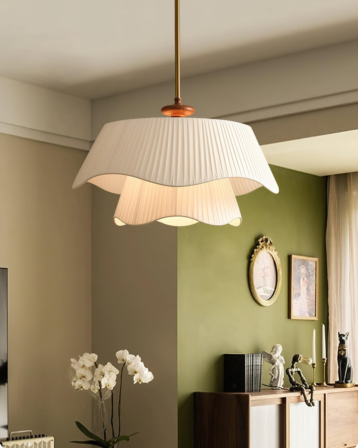 Layered Fabric Drum Pendant Light 10 in Dining Room Farmhouse Style Ceiling Fixture Bedroom Kitchen Island Wood Accent Hanging Lamp E26 Sock | Thomler