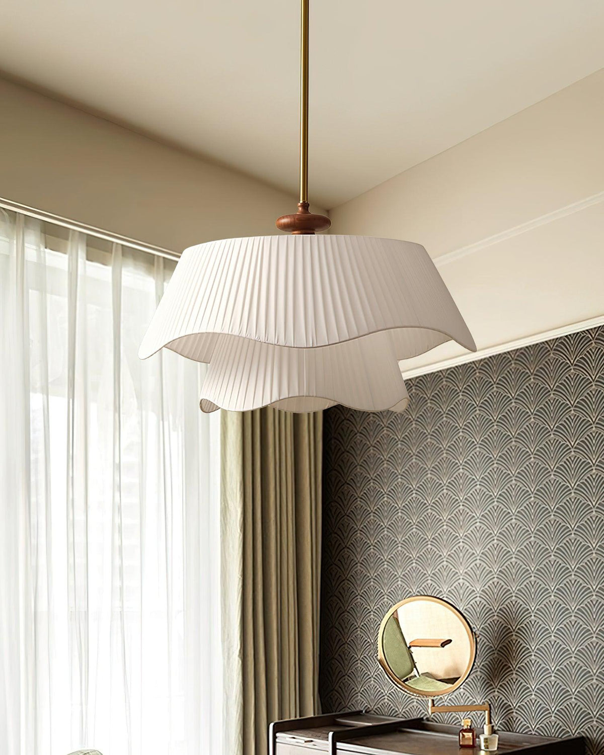 Layered Fabric Drum Pendant Light 10 in Dining Room Farmhouse Style Ceiling Fixture Bedroom Kitchen Island Wood Accent Hanging Lamp E26 Sock | Thomler