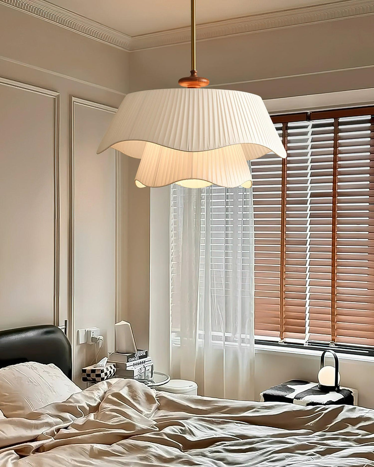 Layered Fabric Drum Pendant Light 10 in Dining Room Farmhouse Style Ceiling Fixture Bedroom Kitchen Island Wood Accent Hanging Lamp E26 Sock | Thomler