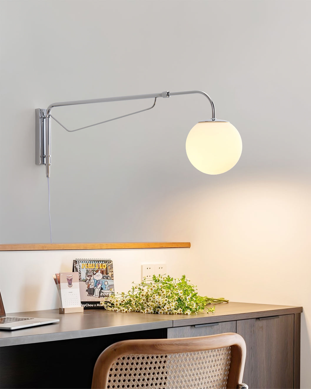 Swing Arm Wall Sconce Chrome Metal Adjustable Reading Light E26 LED Bedroom Bedside Task Lighting for Home Office Study | Thomler