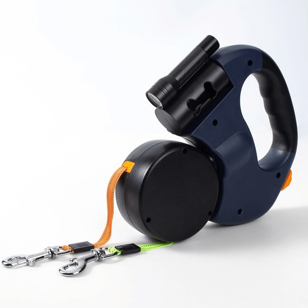 Doppelte einziehbare Hundeleine, 4 m, verhedderungsfreie Doppelleine zum Gassi gehen mit zwei Hunden, reflektierend, mit integrierter Taschenlampe, für bis zu 40 kg pro Hund | Thomler
