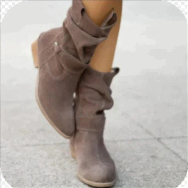 Women's Western-Inspired Mid-Calf Boots Slouchy Suede Leather Block Heel Side Zip Fall Winter Booties for Casual & Dressy