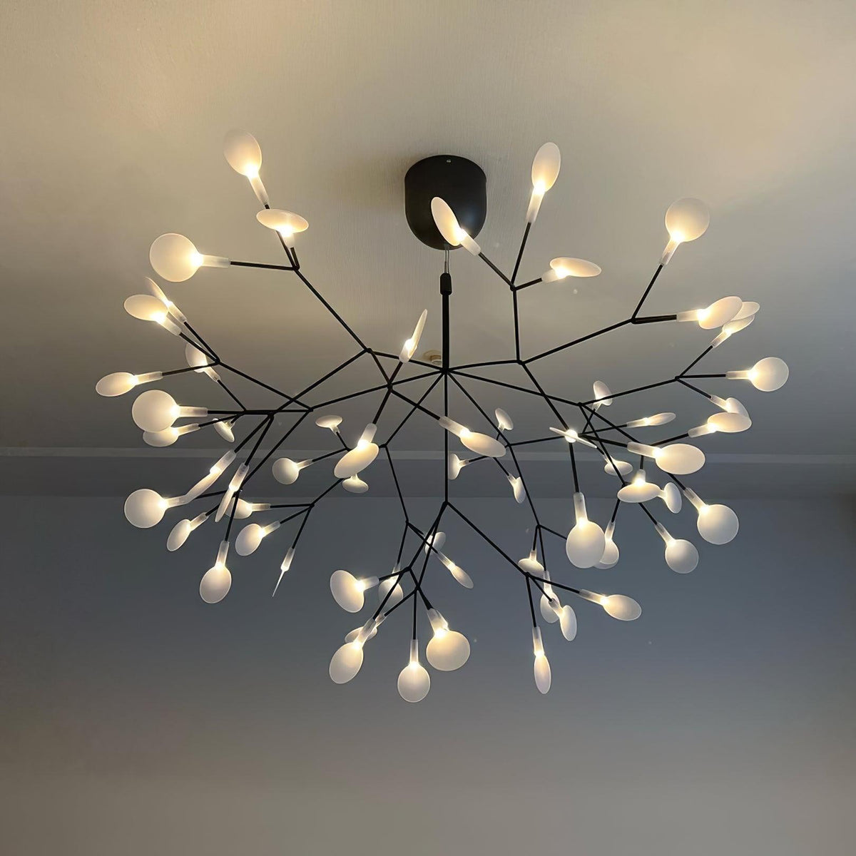 Vertakkende led-kroonluchter met acryl bloemblaadjes, zwarte afwerking, 20W geïntegreerde verlichting, dimbaar, optionele afstandsbediening, modern statement-armatuur, voor binnenshuis/woonkamer