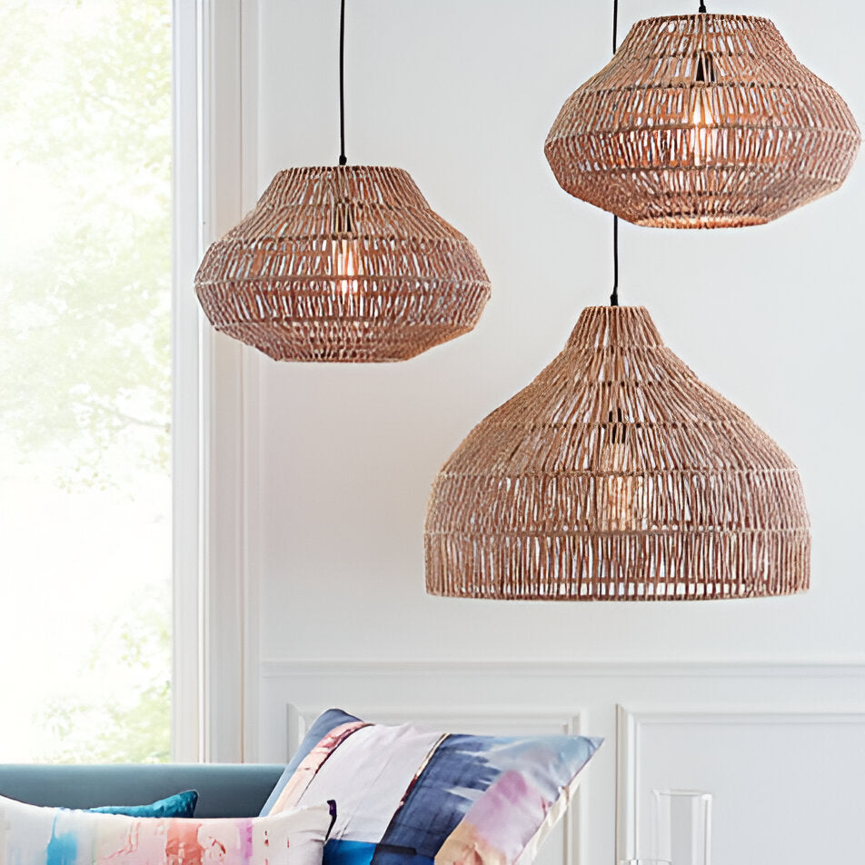 Gevlochten hanglamp, kap van natuurlijke vezels, plafondlamp met verstelbare hoogte voor eettafel, kookeiland, slaapkamer, boho, coastal, Japandi | Thomler