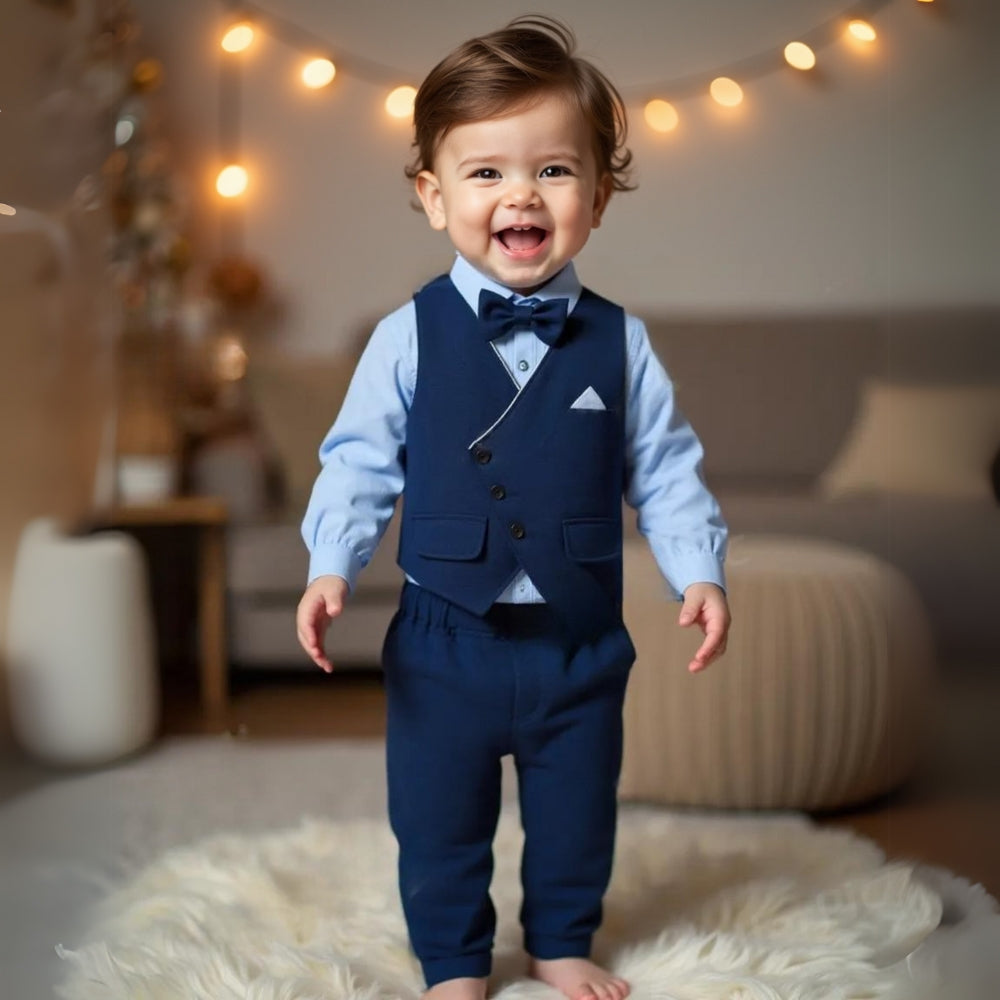 Festlicher 3-teiliger Jungen-Anzug mit Hemd, Weste, Hose & Fliege für Hochzeiten, Feiern, besondere Anlässe | Festliche Kleidung für Kleinkinder & Kinder