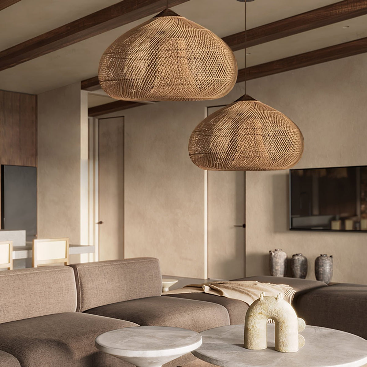 Handwoven Rattan Ceiling Light Fixture for Dining Room and Kitchen Island Over Table Adjustable Drop Natural Fiber Pendant Shade Wood Metal