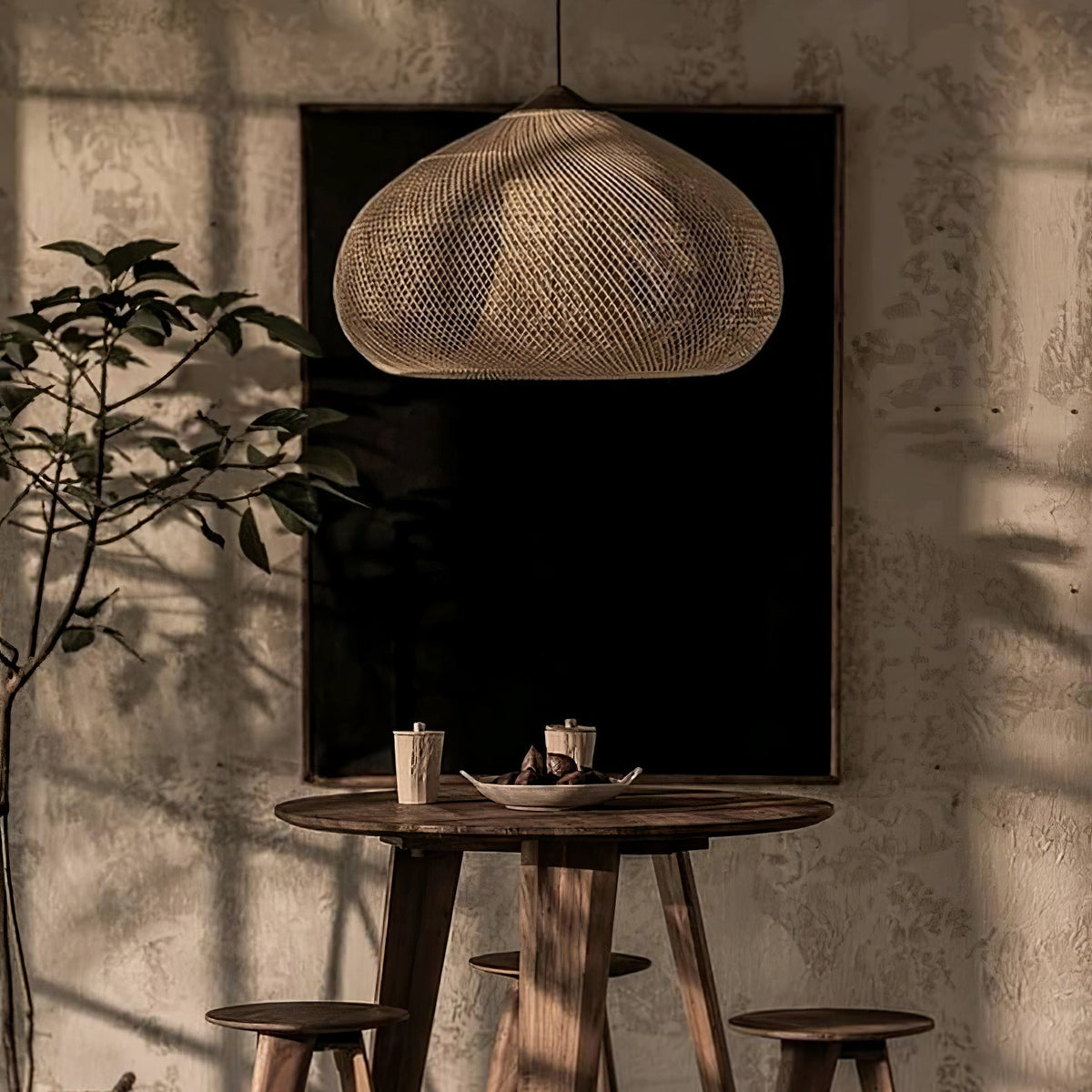 Handwoven Rattan Ceiling Light Fixture for Dining Room and Kitchen Island Over Table Adjustable Drop Natural Fiber Pendant Shade Wood Metal