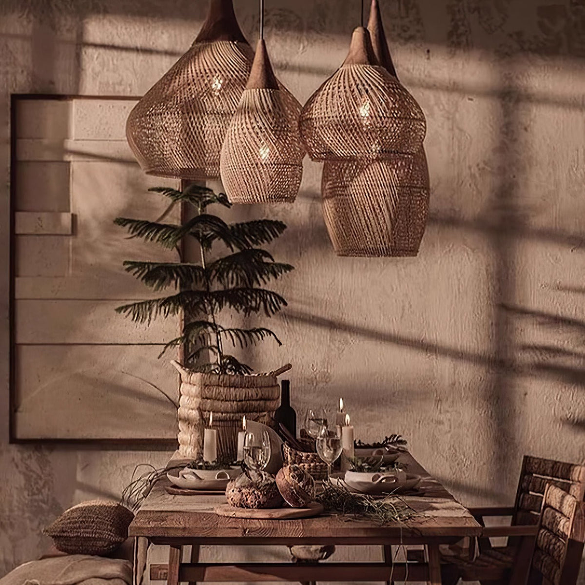 Handwoven Rattan Ceiling Light Fixture for Dining Room and Kitchen Island Over Table Adjustable Drop Natural Fiber Pendant Shade Wood Metal