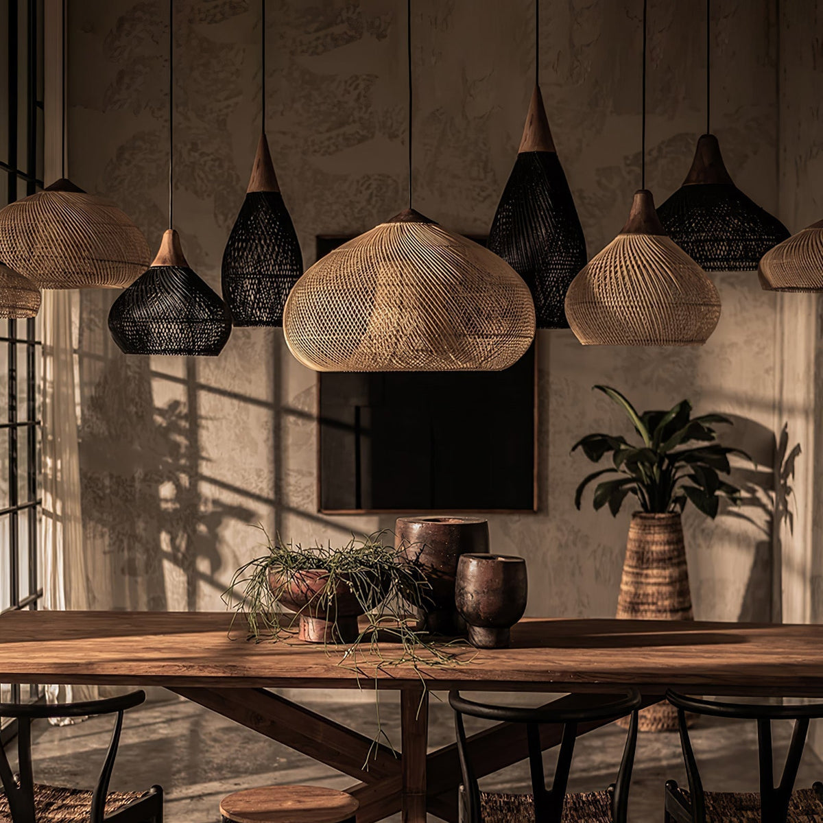 Handwoven Rattan Ceiling Light Fixture for Dining Room and Kitchen Island Over Table Adjustable Drop Natural Fiber Pendant Shade Wood Metal