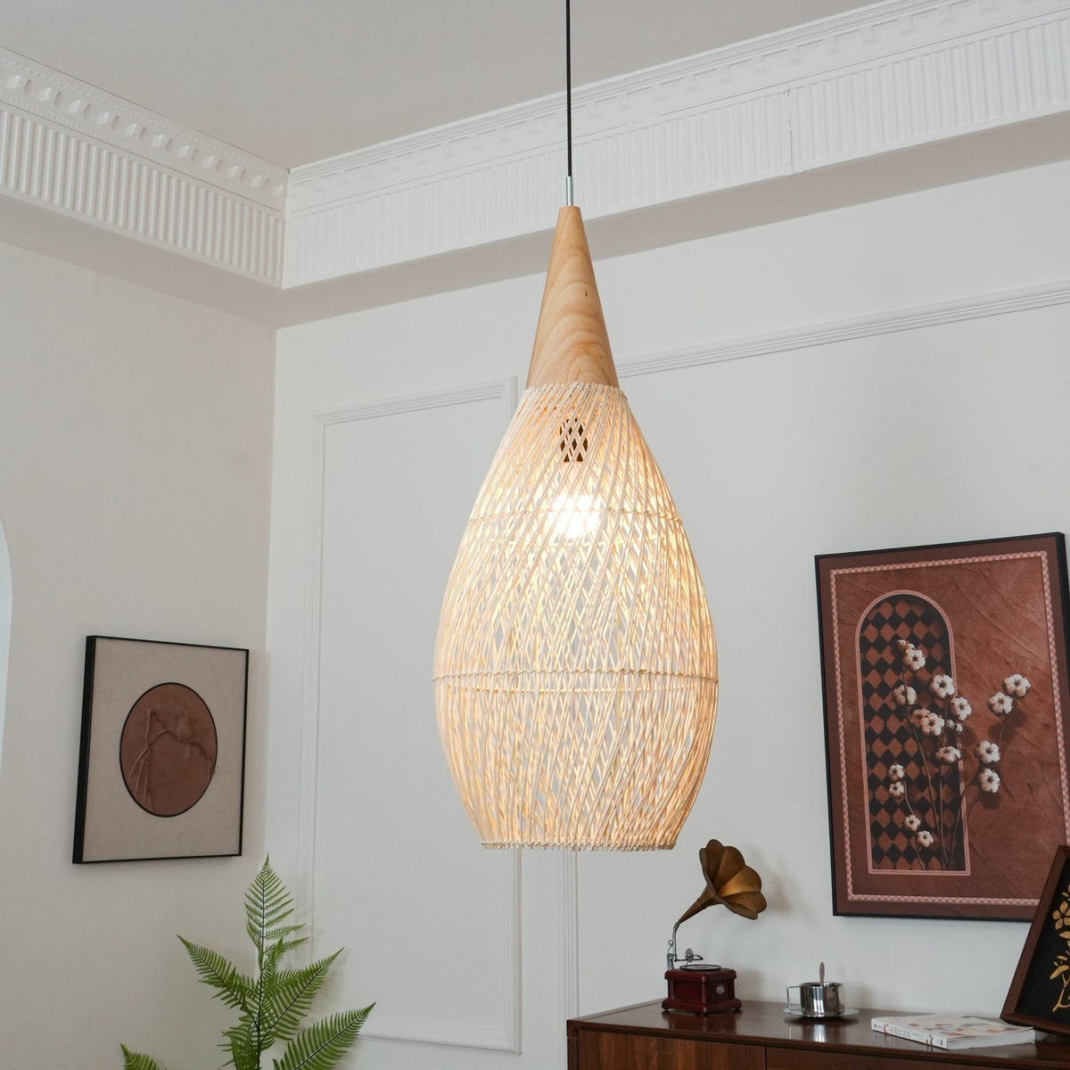 Handwoven Rattan Ceiling Light Fixture for Dining Room and Kitchen Island Over Table Adjustable Drop Natural Fiber Pendant Shade Wood Metal