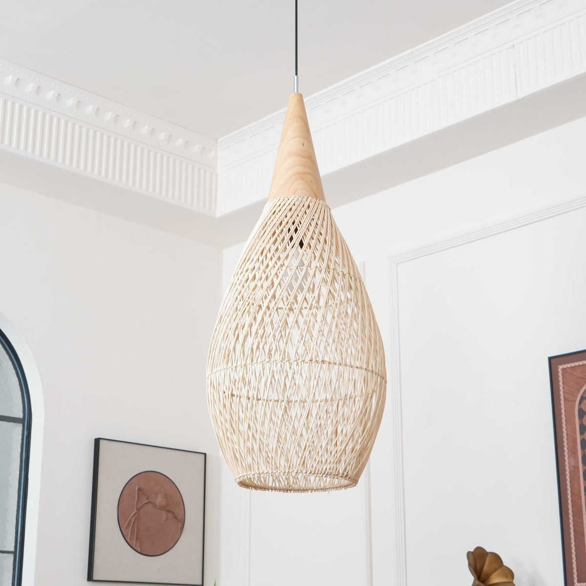 Handwoven Rattan Ceiling Light Fixture for Dining Room and Kitchen Island Over Table Adjustable Drop Natural Fiber Pendant Shade Wood Metal