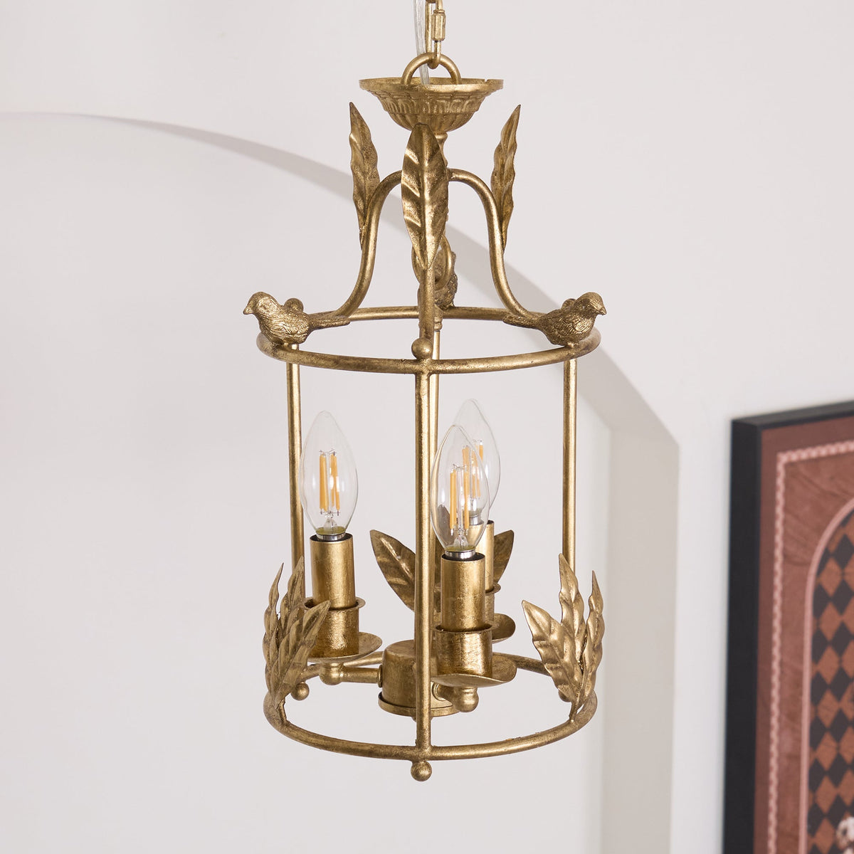 Metal Lantern Ceiling Light 10-Inch Hanging Fixture with Bird Motif for Dining Room Entryway Vintage-Style Chain Suspension | Thomler