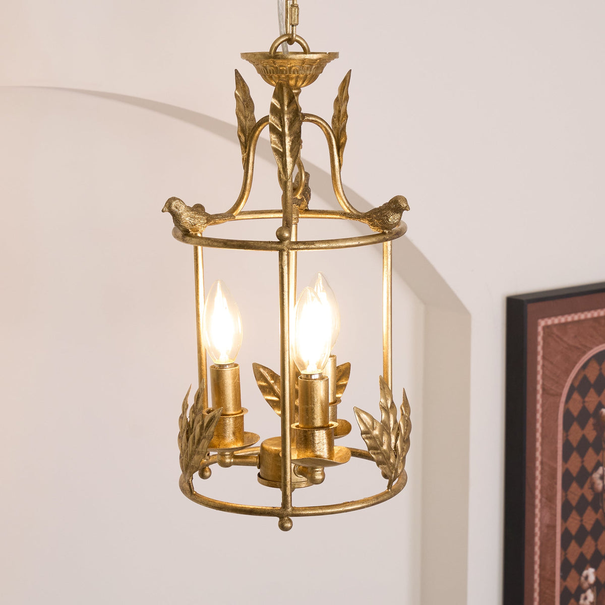 Metal Lantern Ceiling Light 10-Inch Hanging Fixture with Bird Motif for Dining Room Entryway Vintage-Style Chain Suspension | Thomler