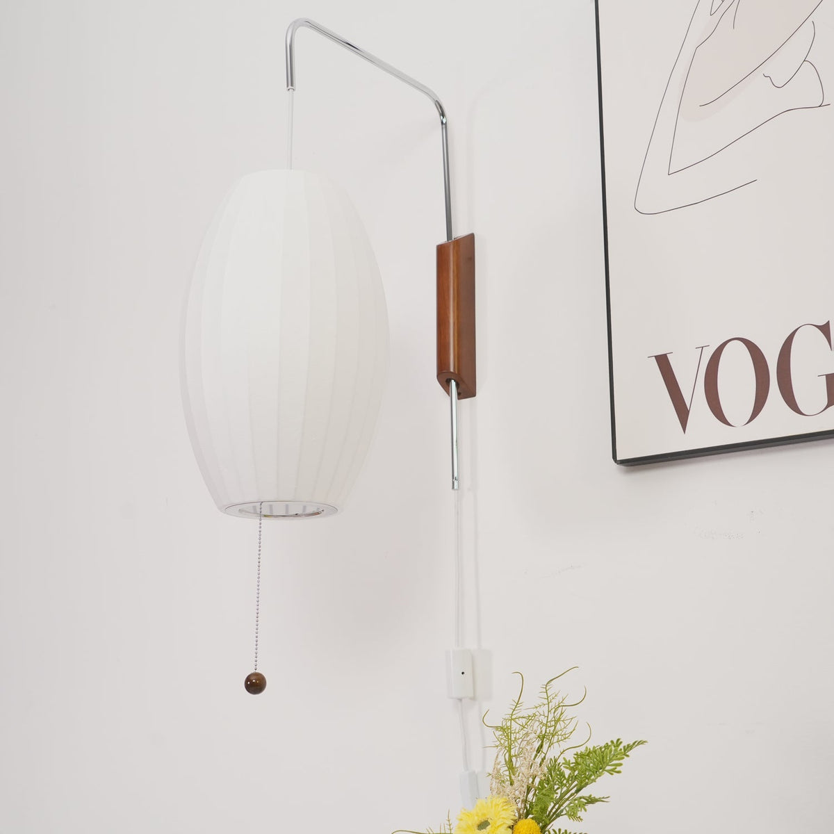 Draaibare bolwandlamp met verstelbaar snoer 40 cm in walnoot chroom afwerking plug-in led-wandlamp voor slaapkamer kantoor woonkamer