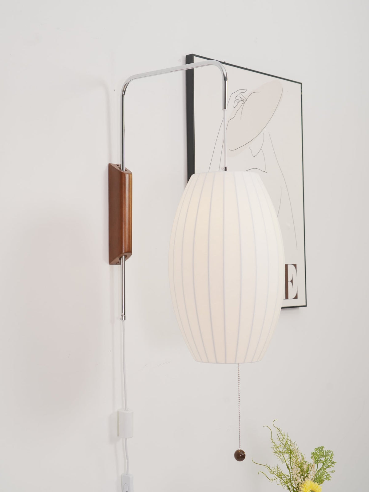 Draaibare bolwandlamp met verstelbaar snoer 40 cm in walnoot chroom afwerking plug-in led-wandlamp voor slaapkamer kantoor woonkamer