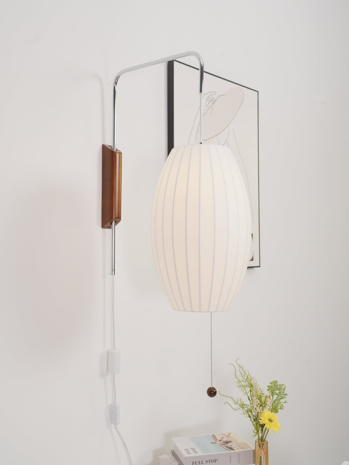 Draaibare bolwandlamp met verstelbaar snoer 40 cm in walnoot chroom afwerking plug-in led-wandlamp voor slaapkamer kantoor woonkamer