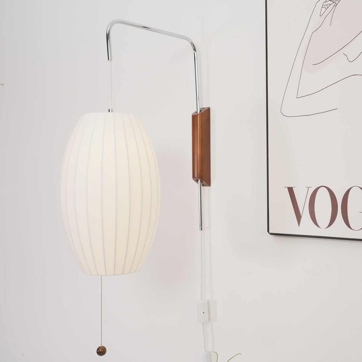 Draaibare bolwandlamp met verstelbaar snoer 40 cm in walnoot chroom afwerking plug-in led-wandlamp voor slaapkamer kantoor woonkamer