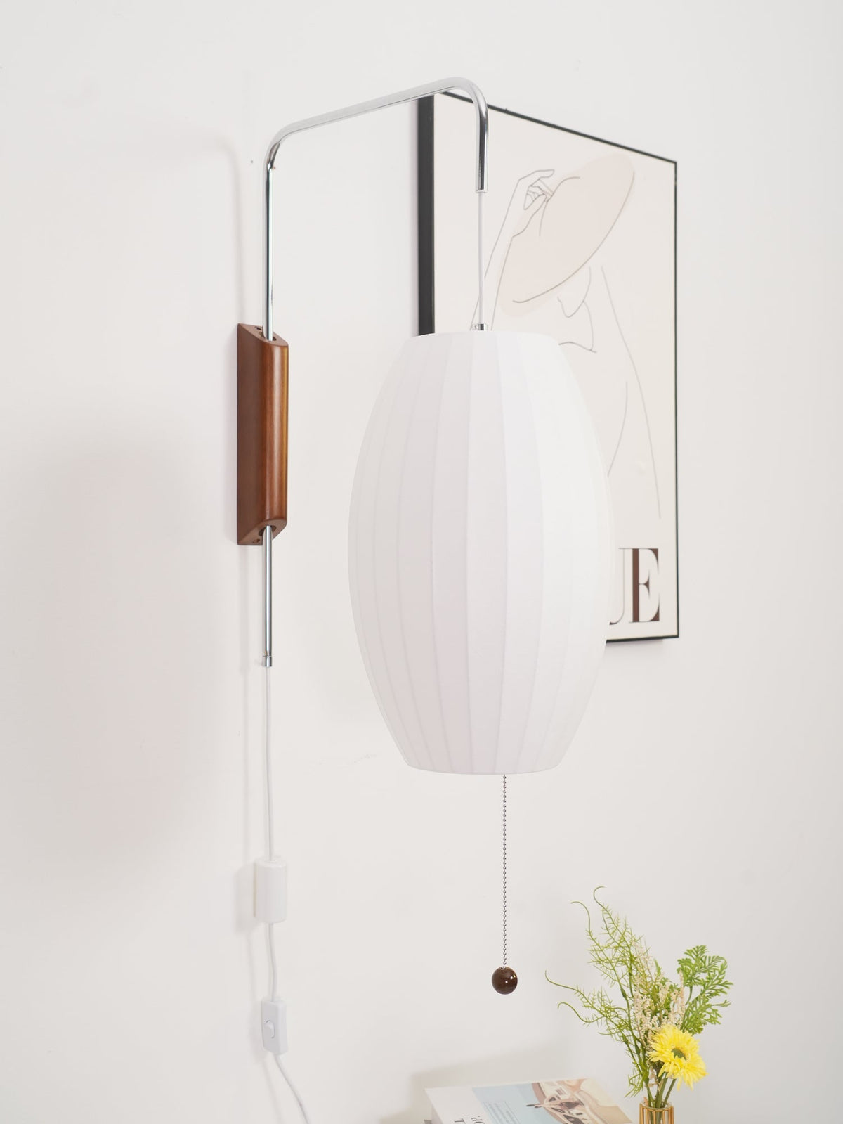 Draaibare bolwandlamp met verstelbaar snoer 40 cm in walnoot chroom afwerking plug-in led-wandlamp voor slaapkamer kantoor woonkamer