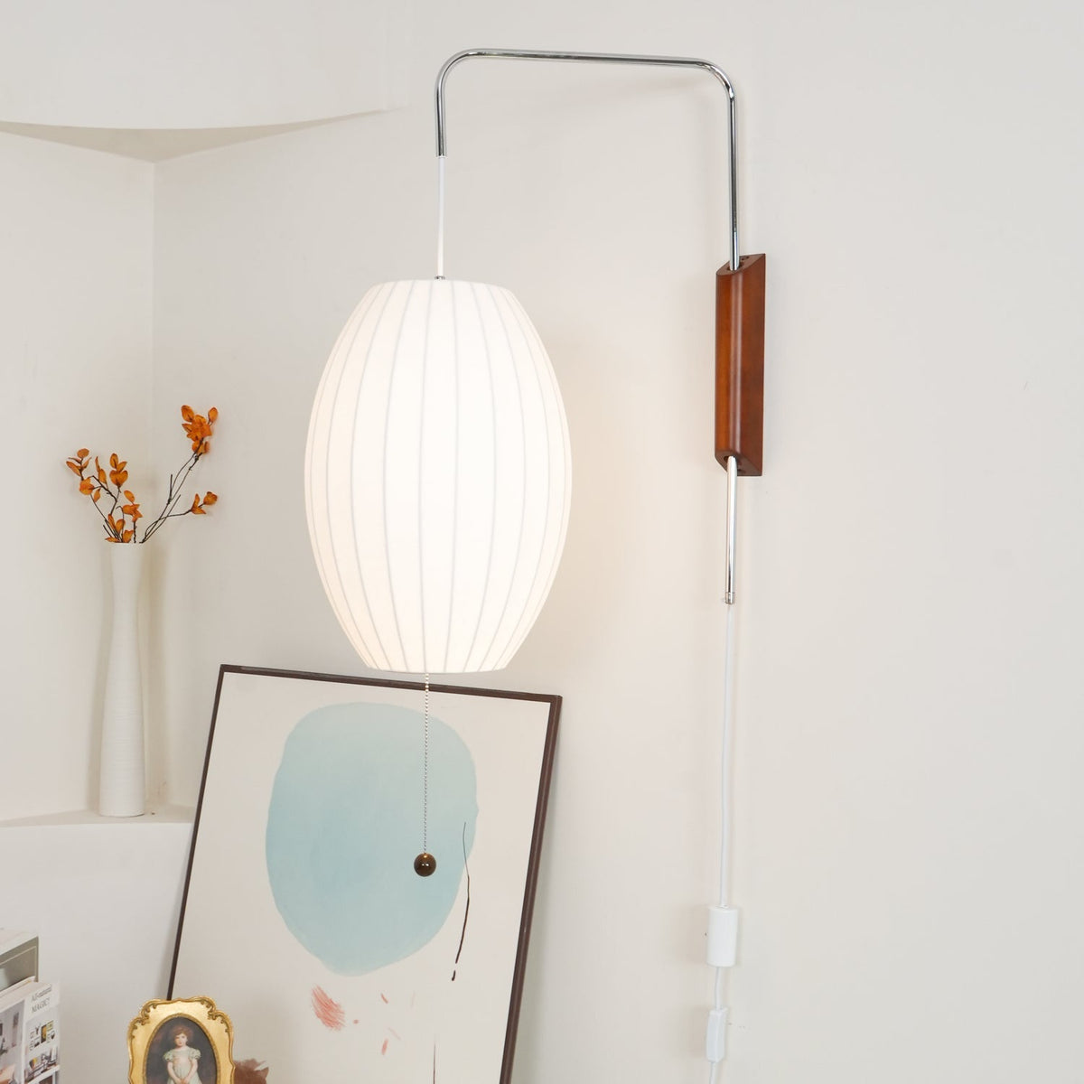 Draaibare bolwandlamp met verstelbaar snoer 40 cm in walnoot chroom afwerking plug-in led-wandlamp voor slaapkamer kantoor woonkamer
