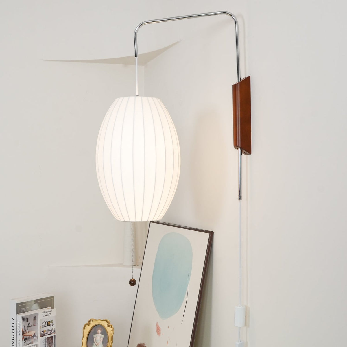 Draaibare bolwandlamp met verstelbaar snoer 40 cm in walnoot chroom afwerking plug-in led-wandlamp voor slaapkamer kantoor woonkamer