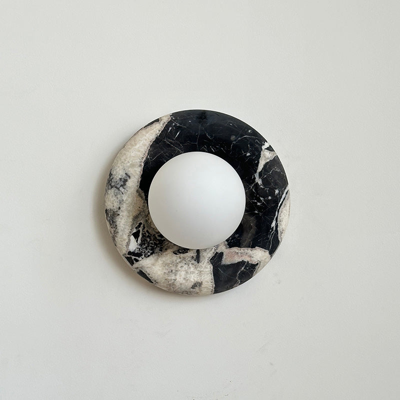 Round Glass Sconce with Natural Stone Backplate – 8-Inch Contemporary Fixture for Entryways, Bedrooms & Corridors