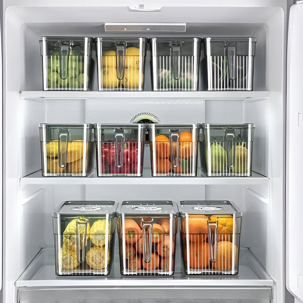 Transparente Kühlschrank-Aufbewahrungsbox mit belüftetem Deckel und stapelbarem Design