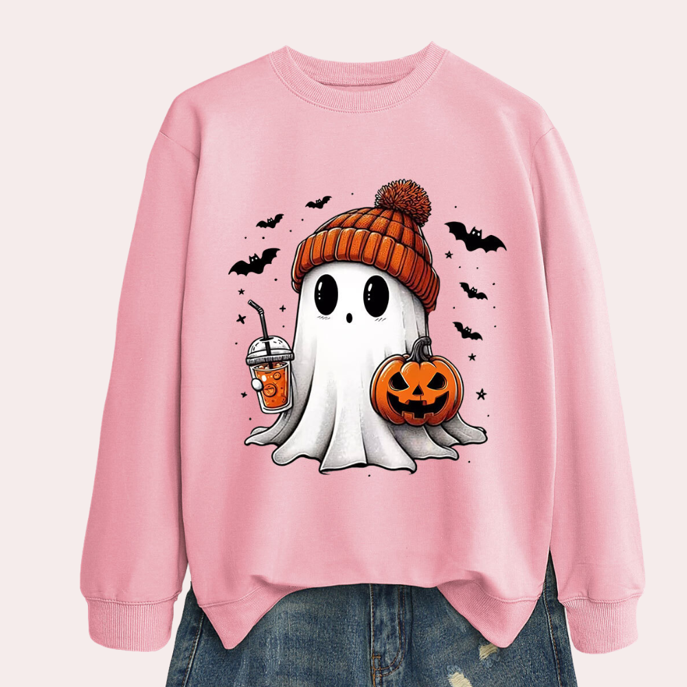 Damen-Halloween-Sweatshirt mit Geister- und Kürbis-Print