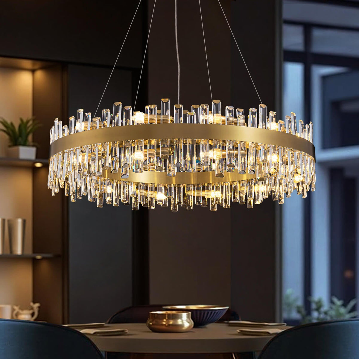 Ronde kristallen kroonluchter goudkleurig metaal 20-inch in hoogte verstelbare plafondlamp hanglamp voor eettafels keukeneilanden woonruimtes | Thomler
