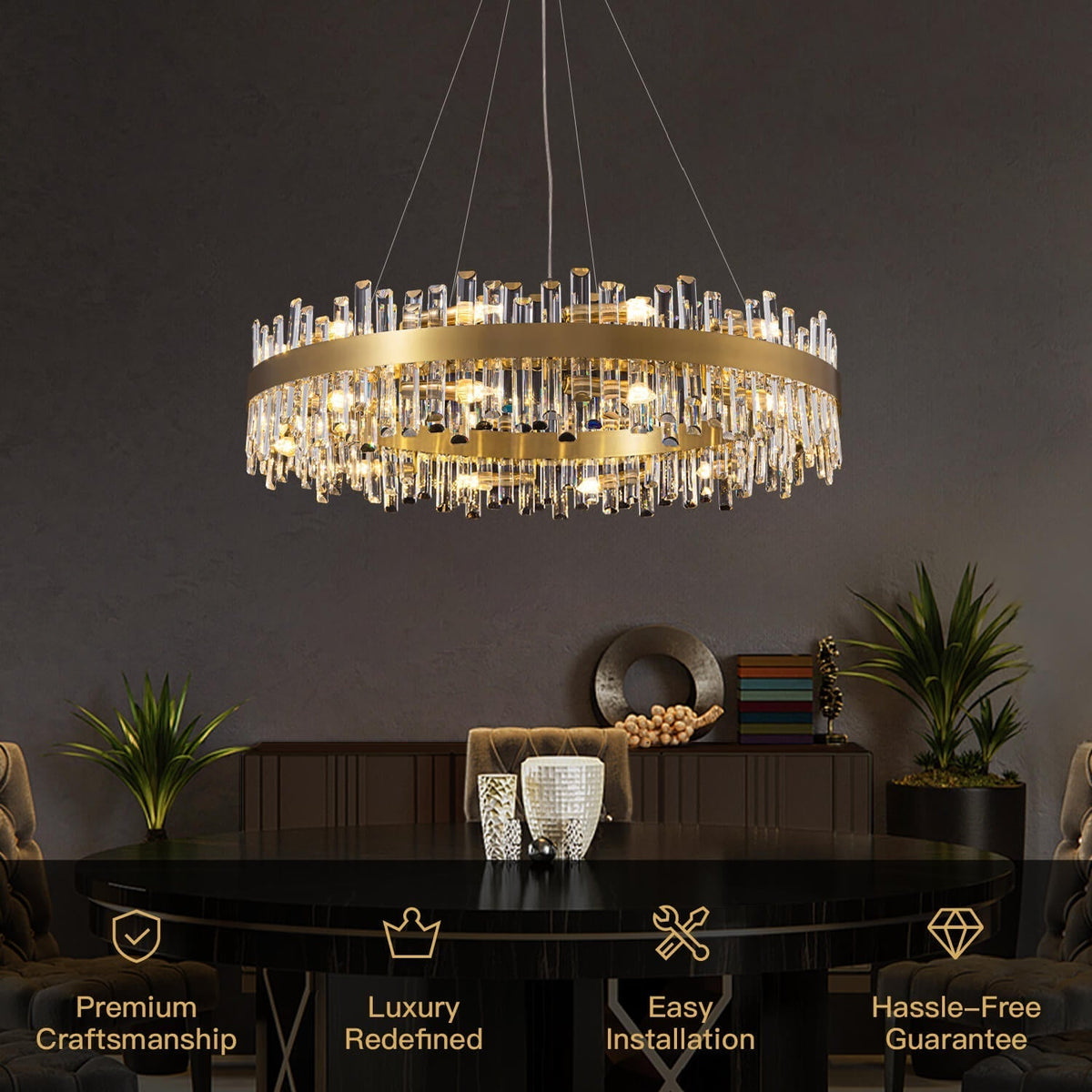 Tiered Crystal Ceiling Fixture in Gold Finish for Dining Rooms and Kitchen Islands – Adjustable Height, Multi-Size Options, E12 Candelabra B | Thomler