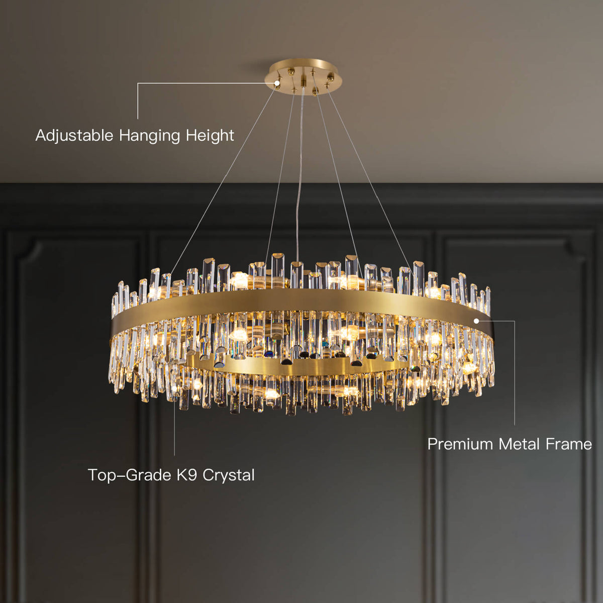 Round Crystal Chandelier Gold Metal 20-Inch Adjustable Height Ceiling Fixture Hanging Lights for Dining Tables Kitchen Islands Living Spaces | Thomler