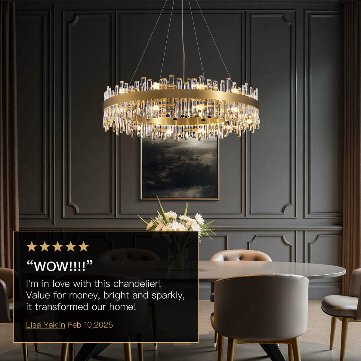 Round Crystal Chandelier Gold Metal 20-Inch Adjustable Height Ceiling Fixture Hanging Lights for Dining Tables Kitchen Islands Living Spaces | Thomler